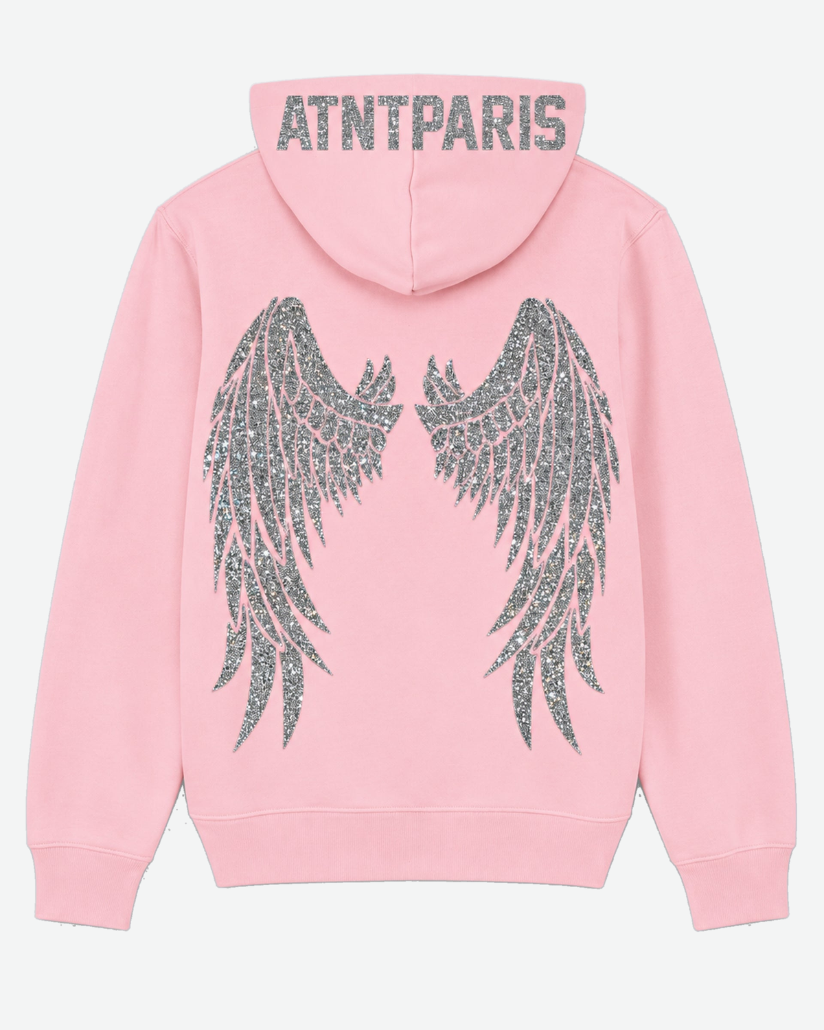 Sweat à Capuche Rose Clair Dark Angel Strass – ATNT Paris — vue de dos, fond gris clair #F3F4F4