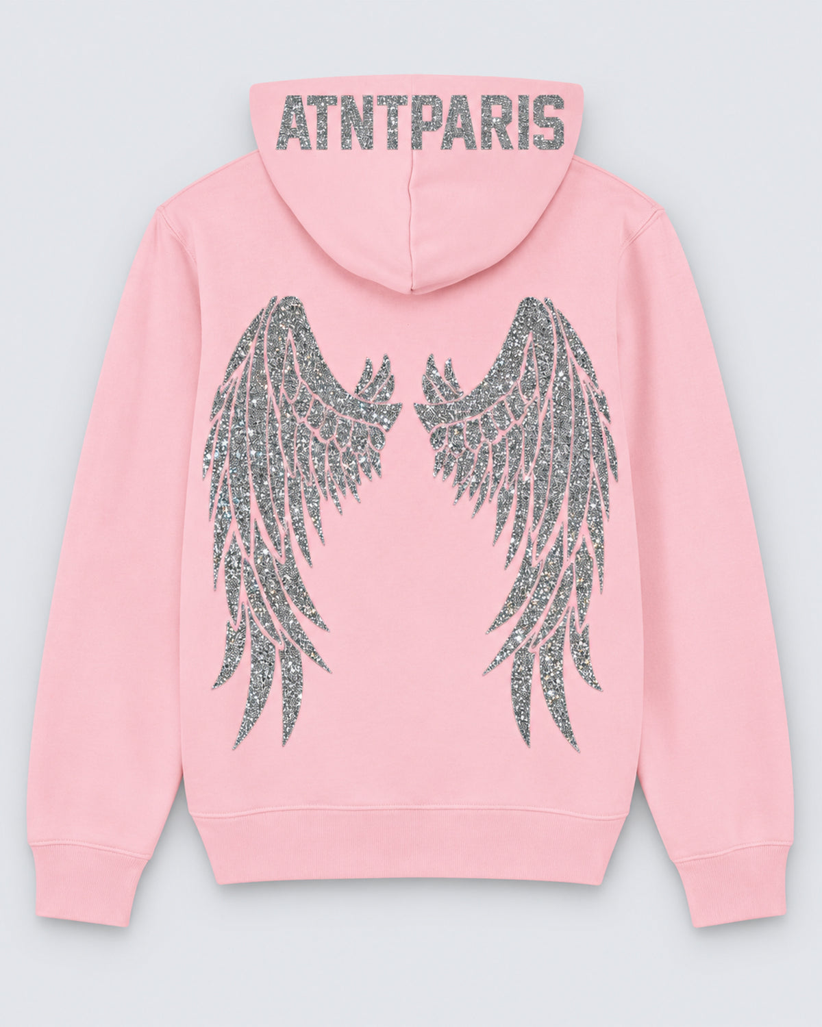 Sweat à Capuche Rose Clair Dark Angel Strass – ATNT Paris — Pack studio naturel, studio gris clair, vue à plat de dos.