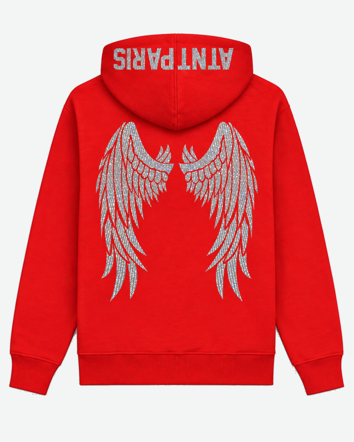 Sweat à Capuche Rouge Dark Angel Strass – ATNT Paris — vue de dos, fond gris clair #F3F4F4