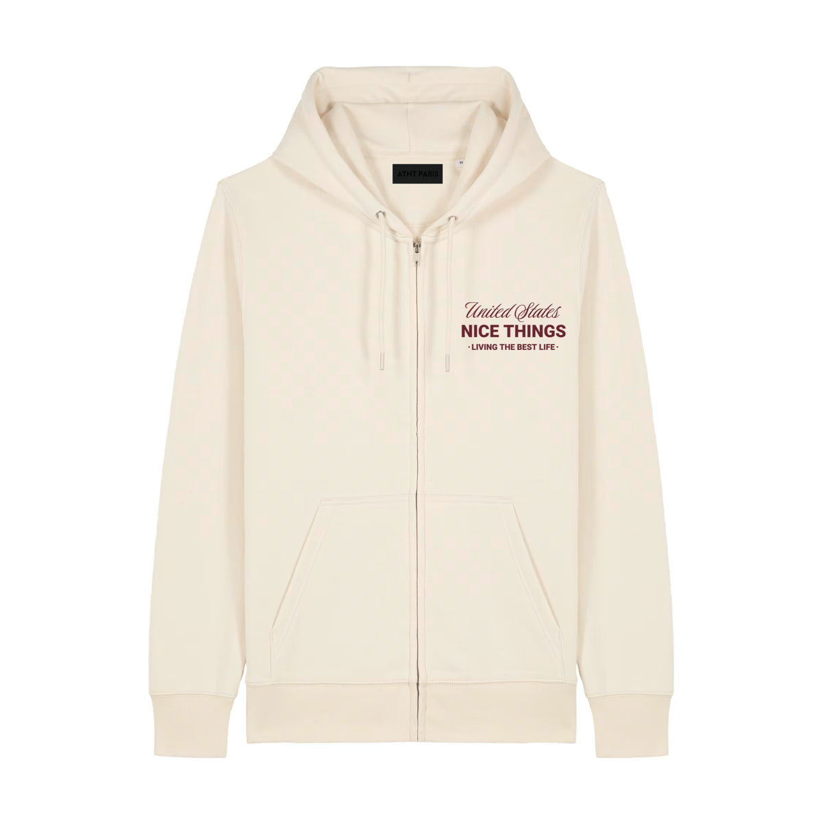 Gilet zippé NYC Héritage blanc cassé édition limitée ATNT PARIS, vue de face.