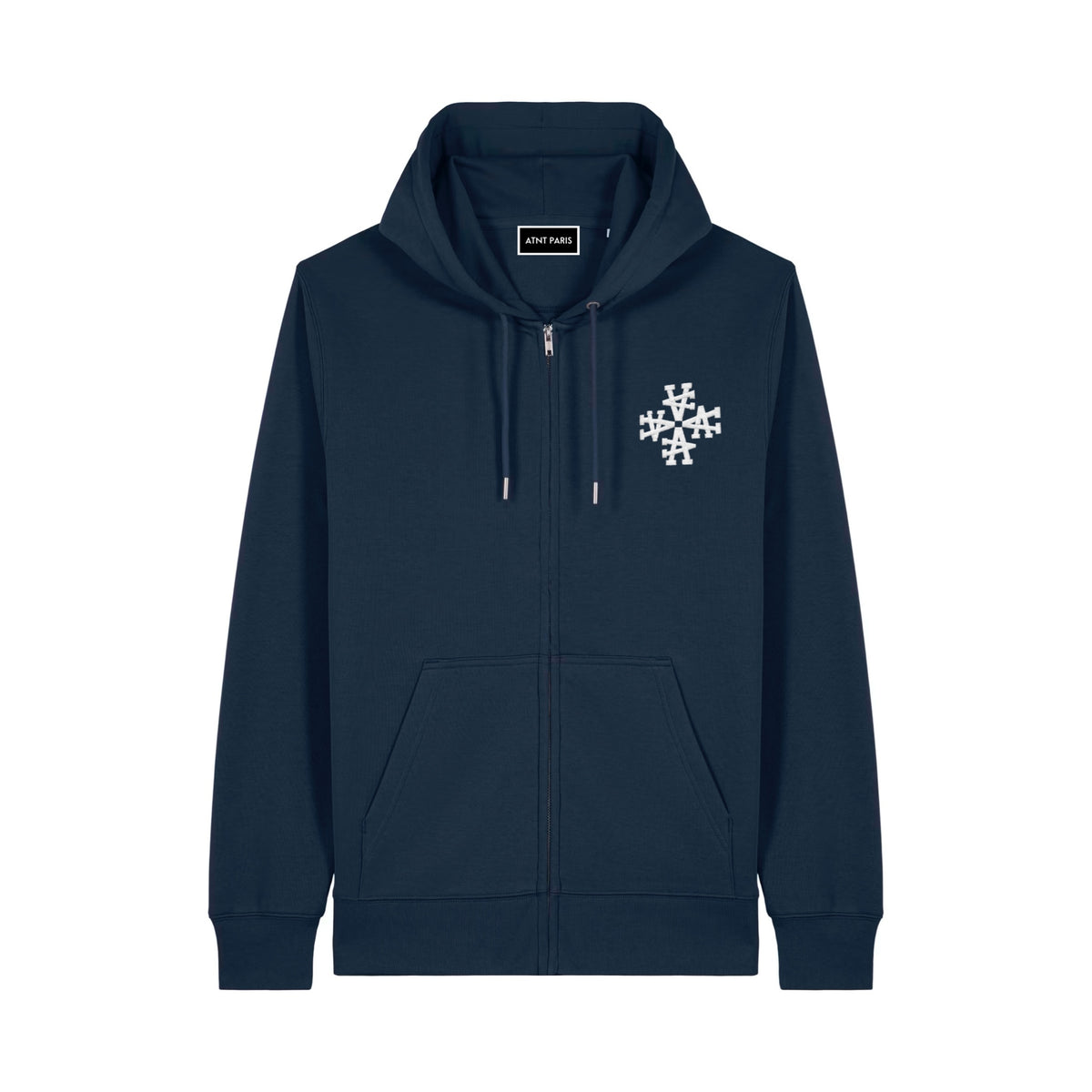 Gilet zippé signature bleu marine ATNT PARIS, vue de face.