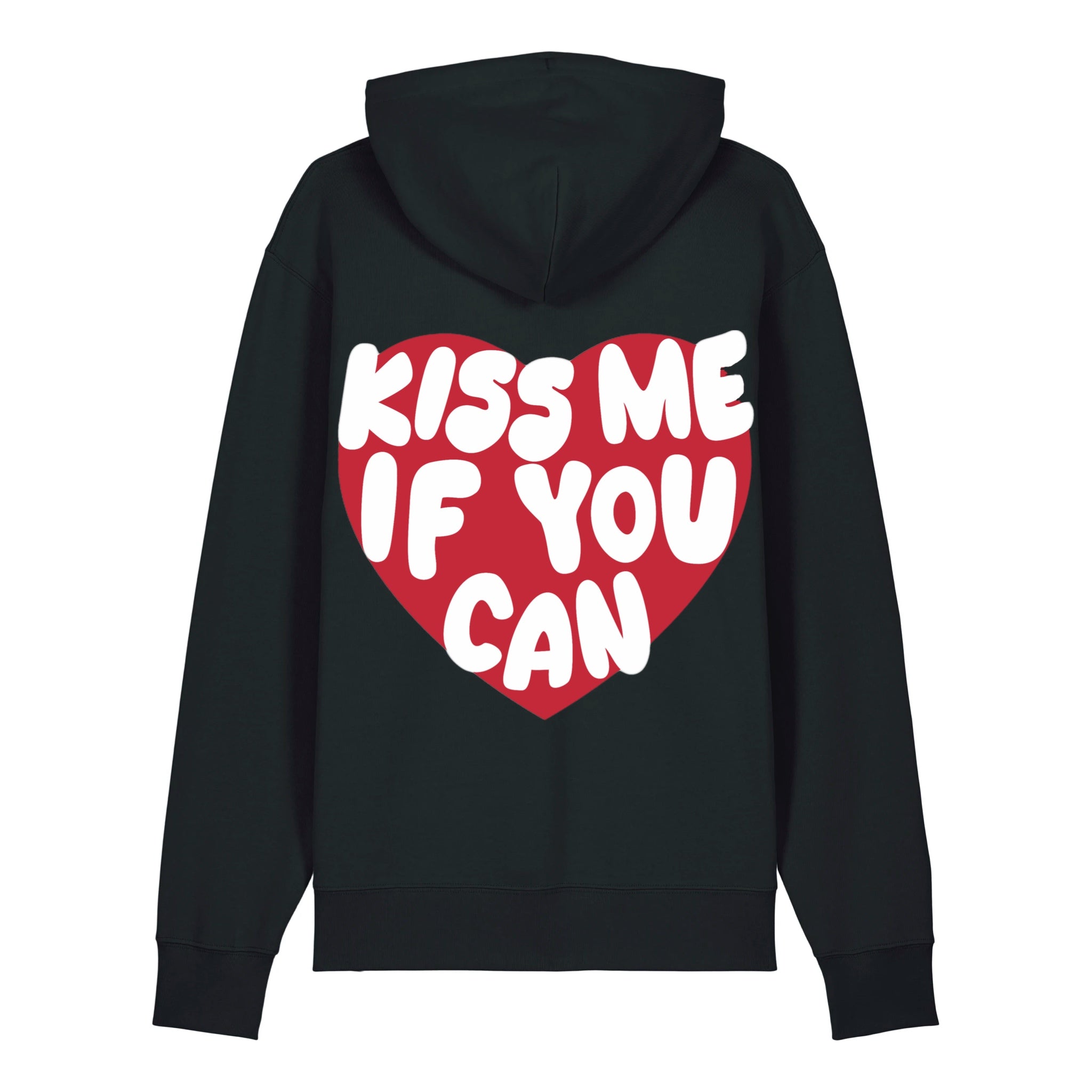Sweat à capuche noir femme porté par mannequin, vue de dos, grand cœur rouge avec message « Kiss Me If You Can », photo studio fond blanc