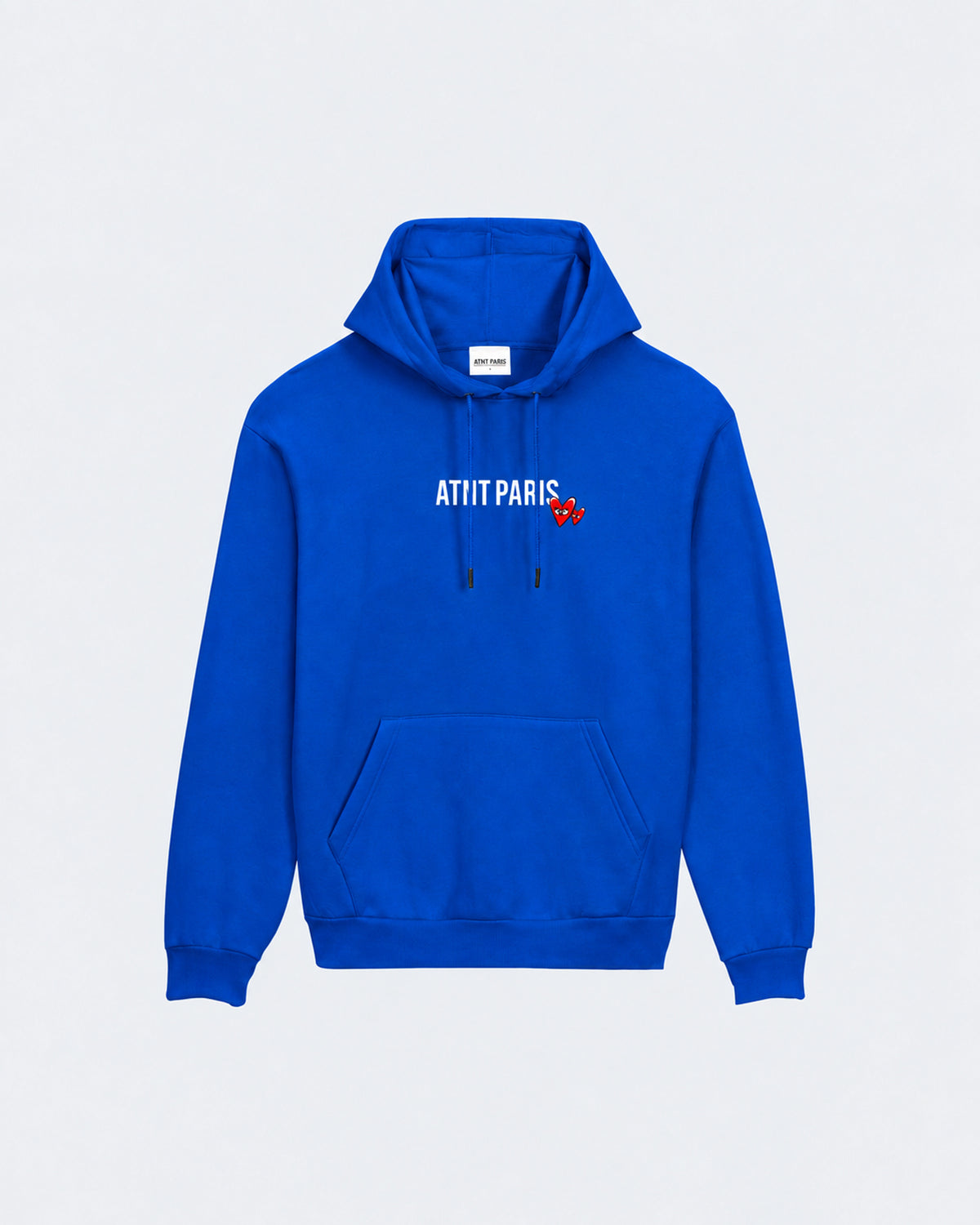 Sweat Capuche Bleu roi Love Heart ATNT PARIS — Pack studio naturel — mockup à plat, vue de face — fond gris clair