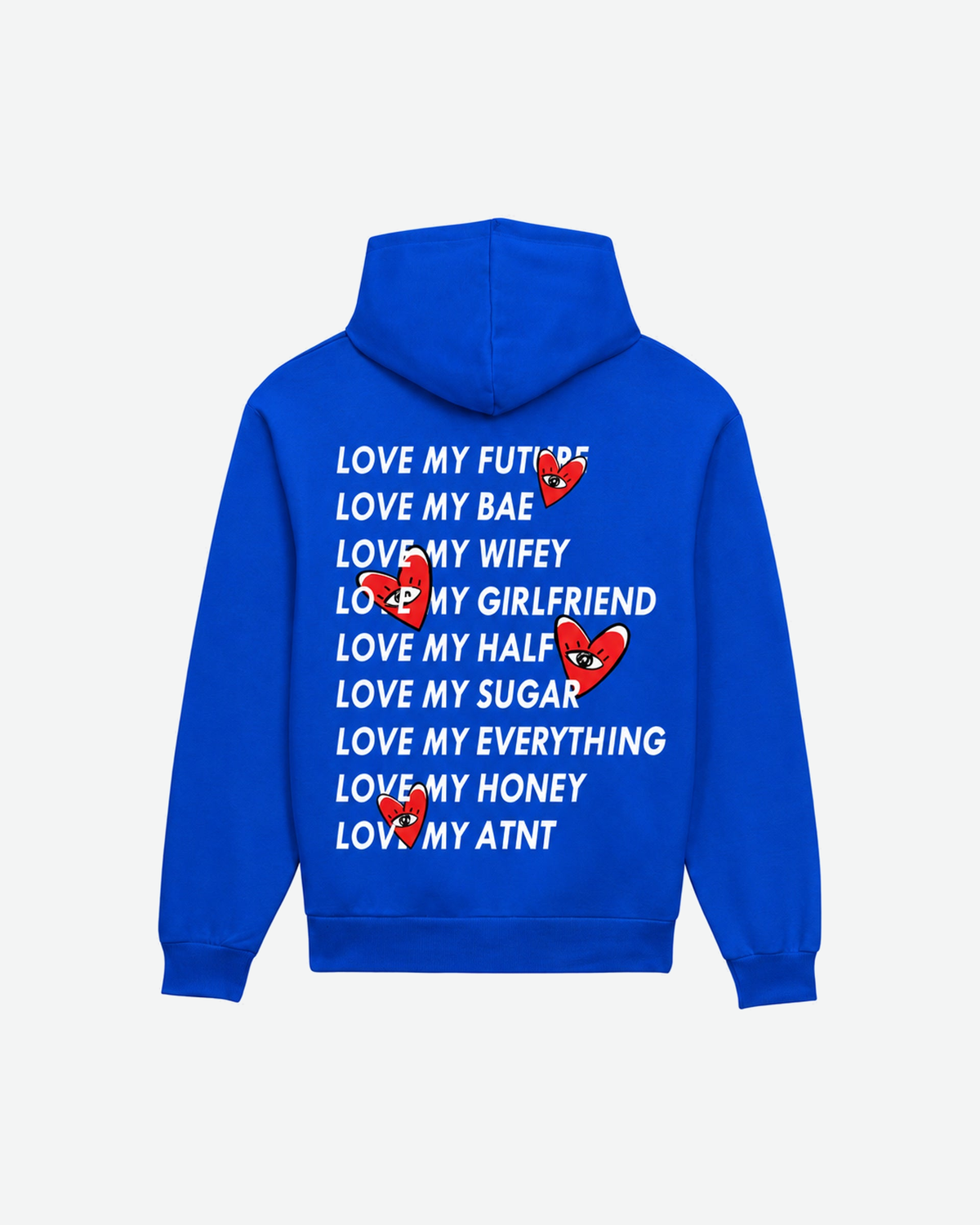 Sweat Capuche Bleu roi Love Heart — vue de dos, fond gris clair #F3F4F4
