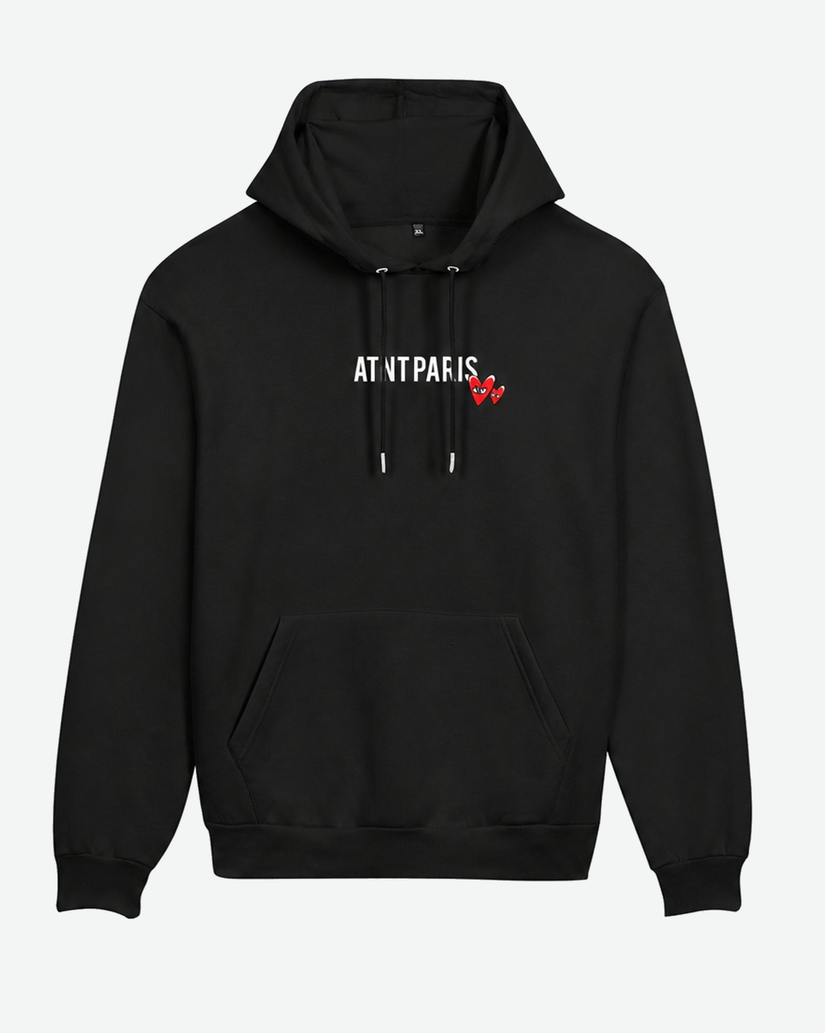 Sweat Love Heart noir ATNT PARIS, vue face à plat, 1920 × 2400 px, fond #F3F4F4