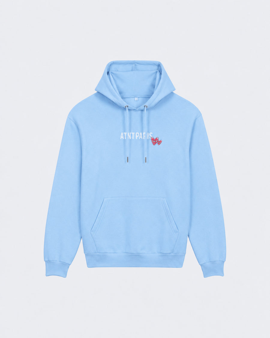 Sweat Capuche Bleu Ciel Love heart Strass