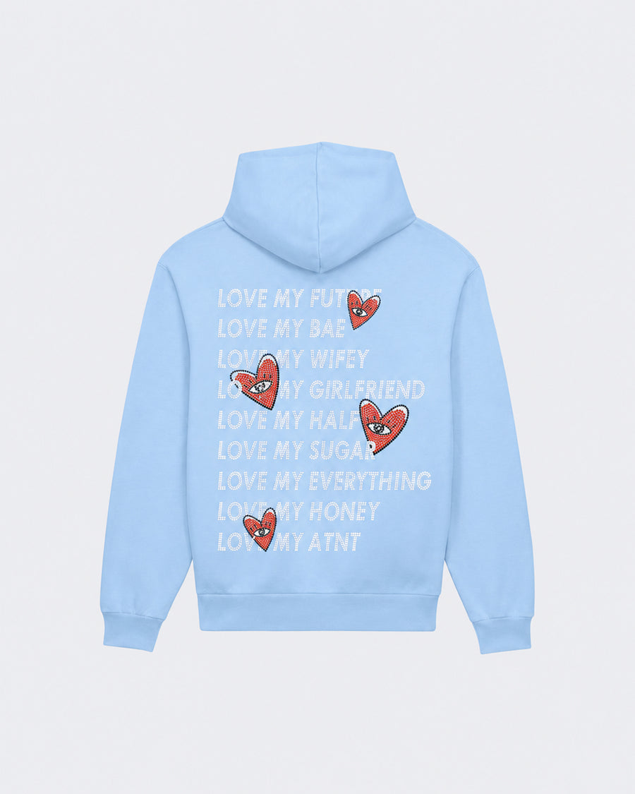 Sweat Capuche Bleu Ciel Love heart Strass