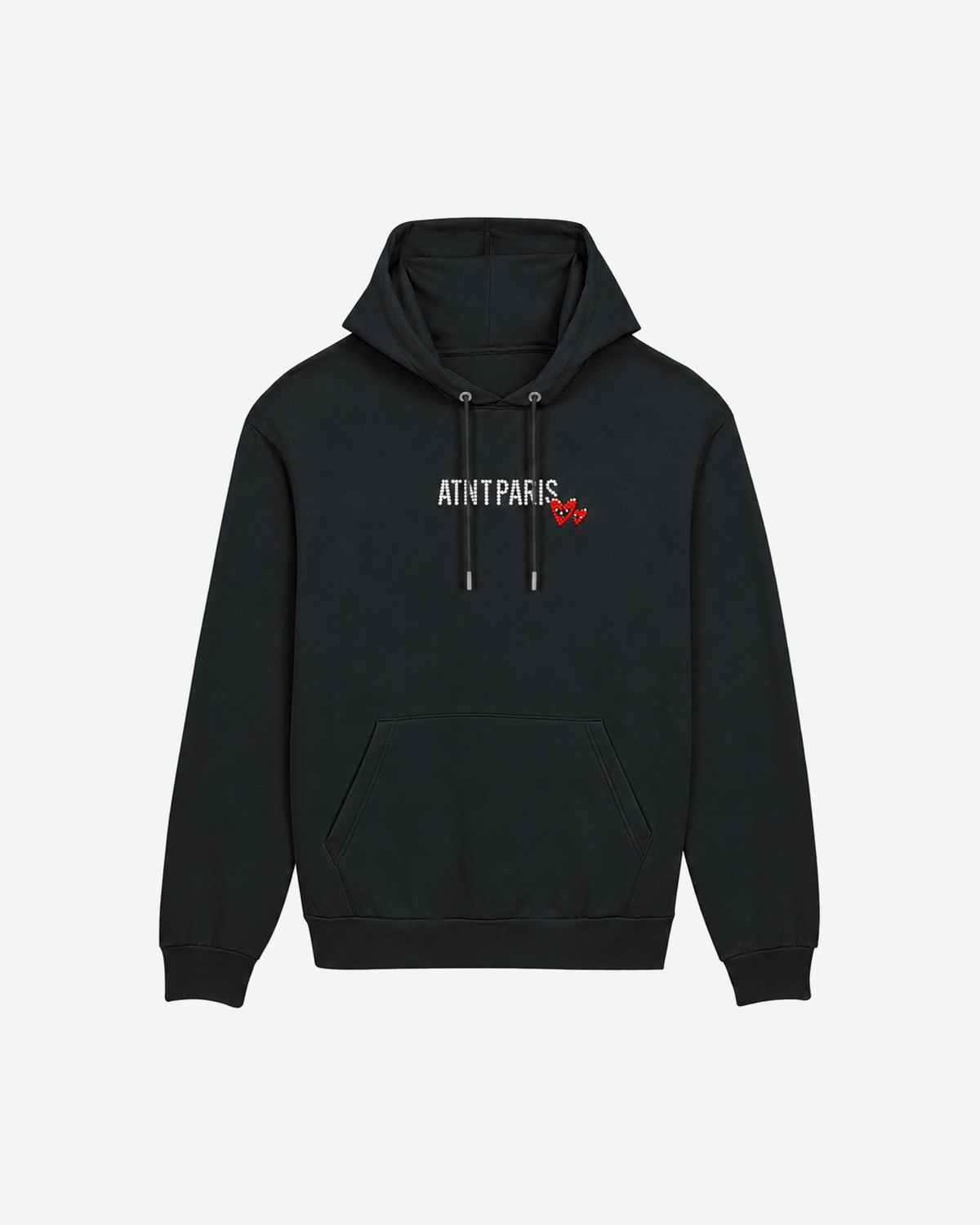 Sweat Capuche Noir Love heart Strass — vue à plat de face — fond #F3F4F4, 1920 × 2400 px
