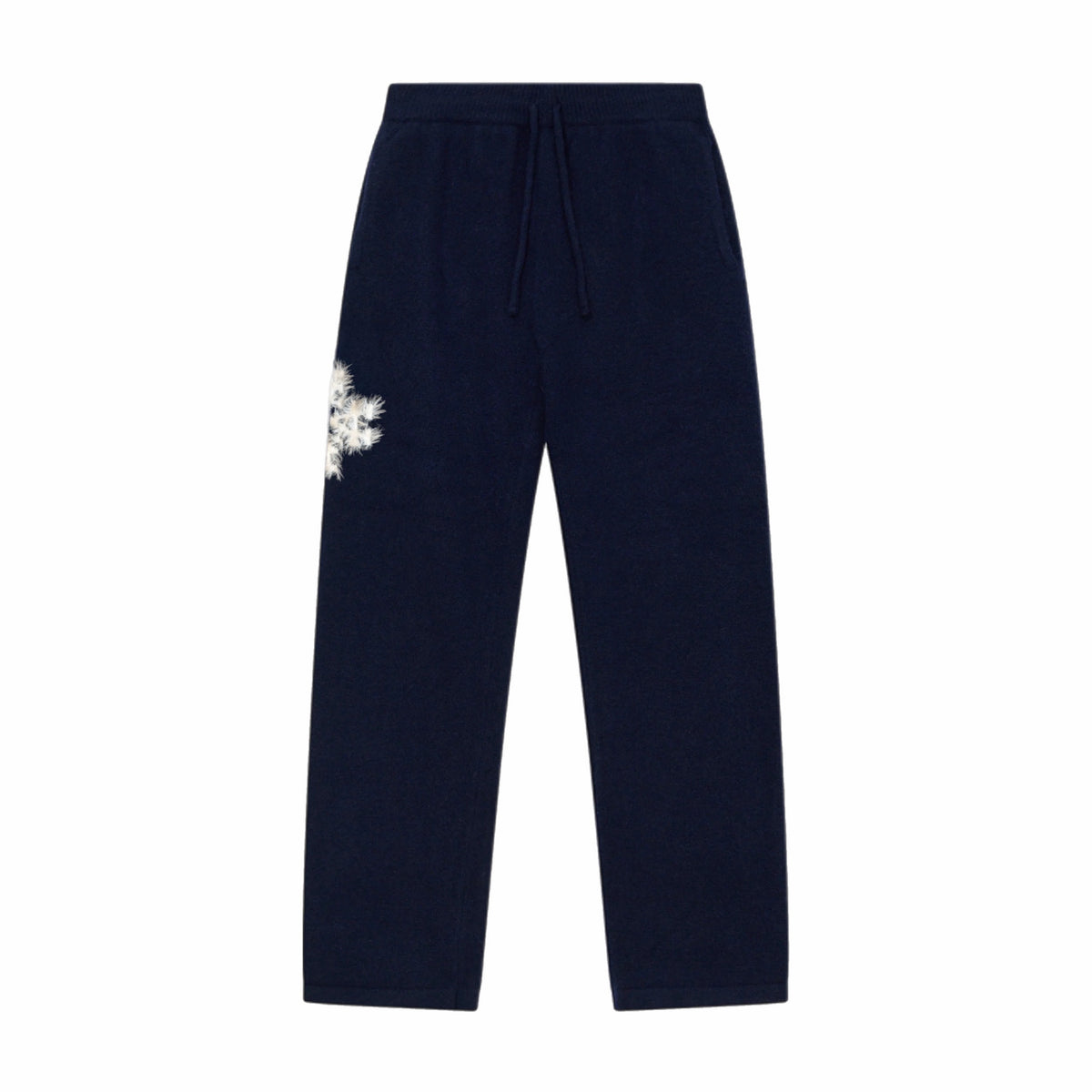 Pantalon de jogging en maille fluffy monogramme signature bleu marine ATNT PARIS, vue de face.