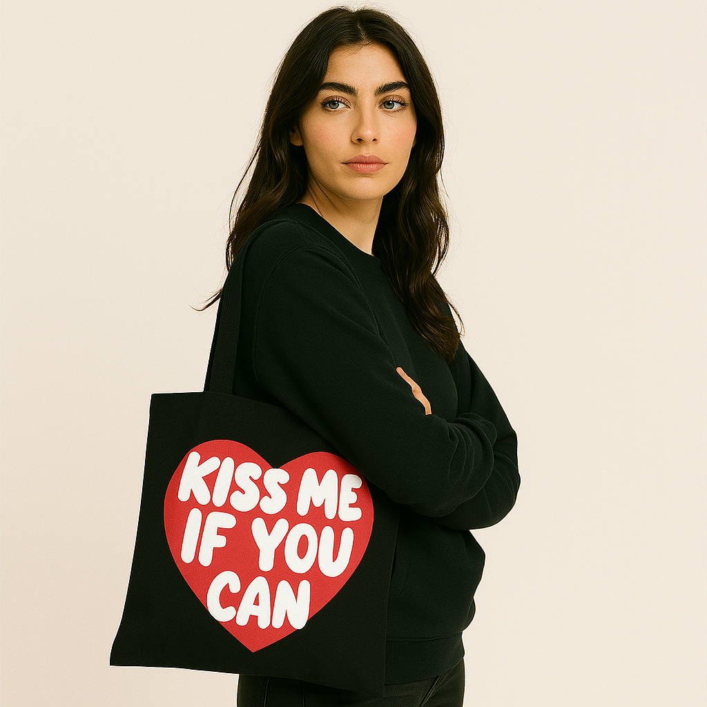 Sac shopping tote bag Kiss Me If You Can noir ATNT PARIS, porté.