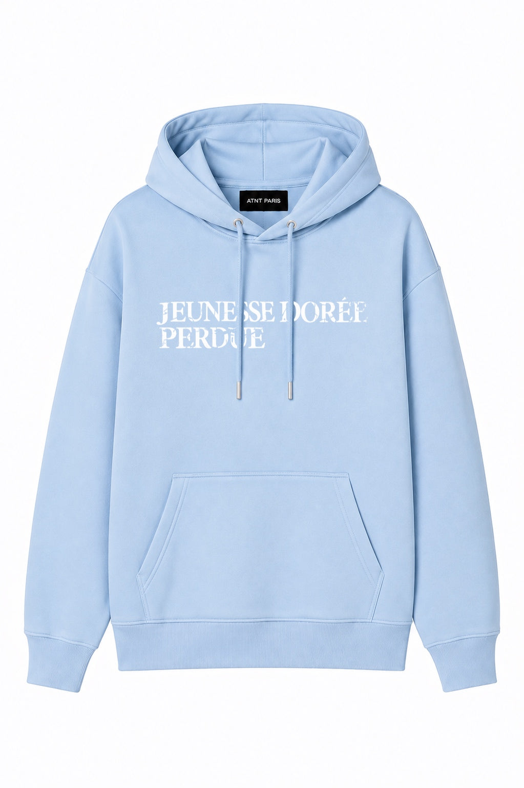 Sweat à capuche bleu ciel Jeunesse Dorée Perdue ATNT PARIS, vue de face.