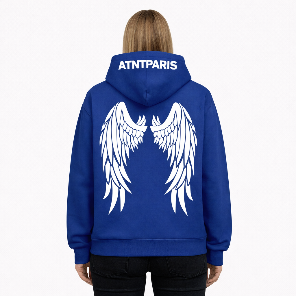 Sweat à capuche bleu Dark Angel ATNT PARIS, porté, vue de dos.