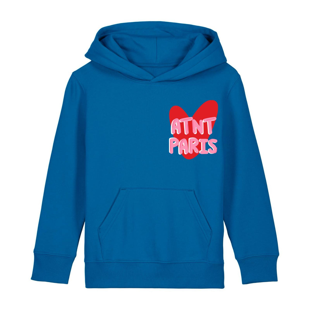 Sweat à capuche bleu enfant trust love ATNT PARIS, vue de face.