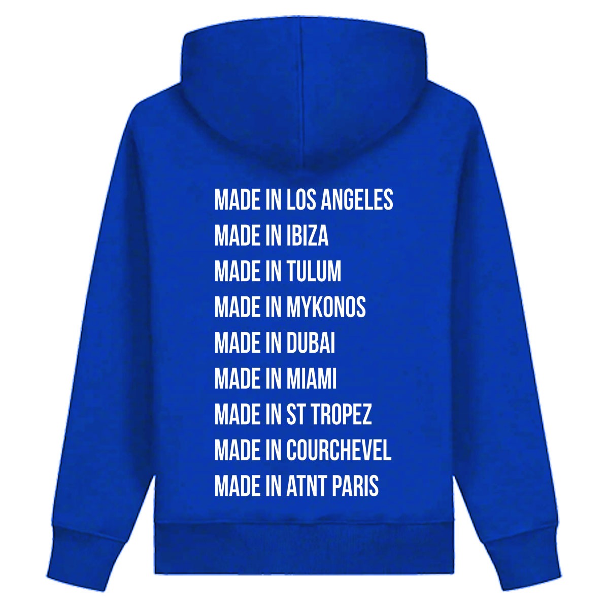 Sweat à capuche bleu made in ATNT PARIS, vue de dos.
