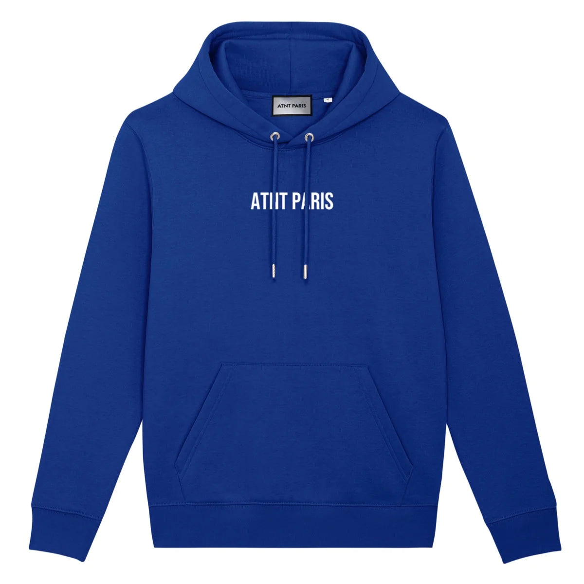 Sweat à capuche bleu made in ATNT PARIS, vue de face.