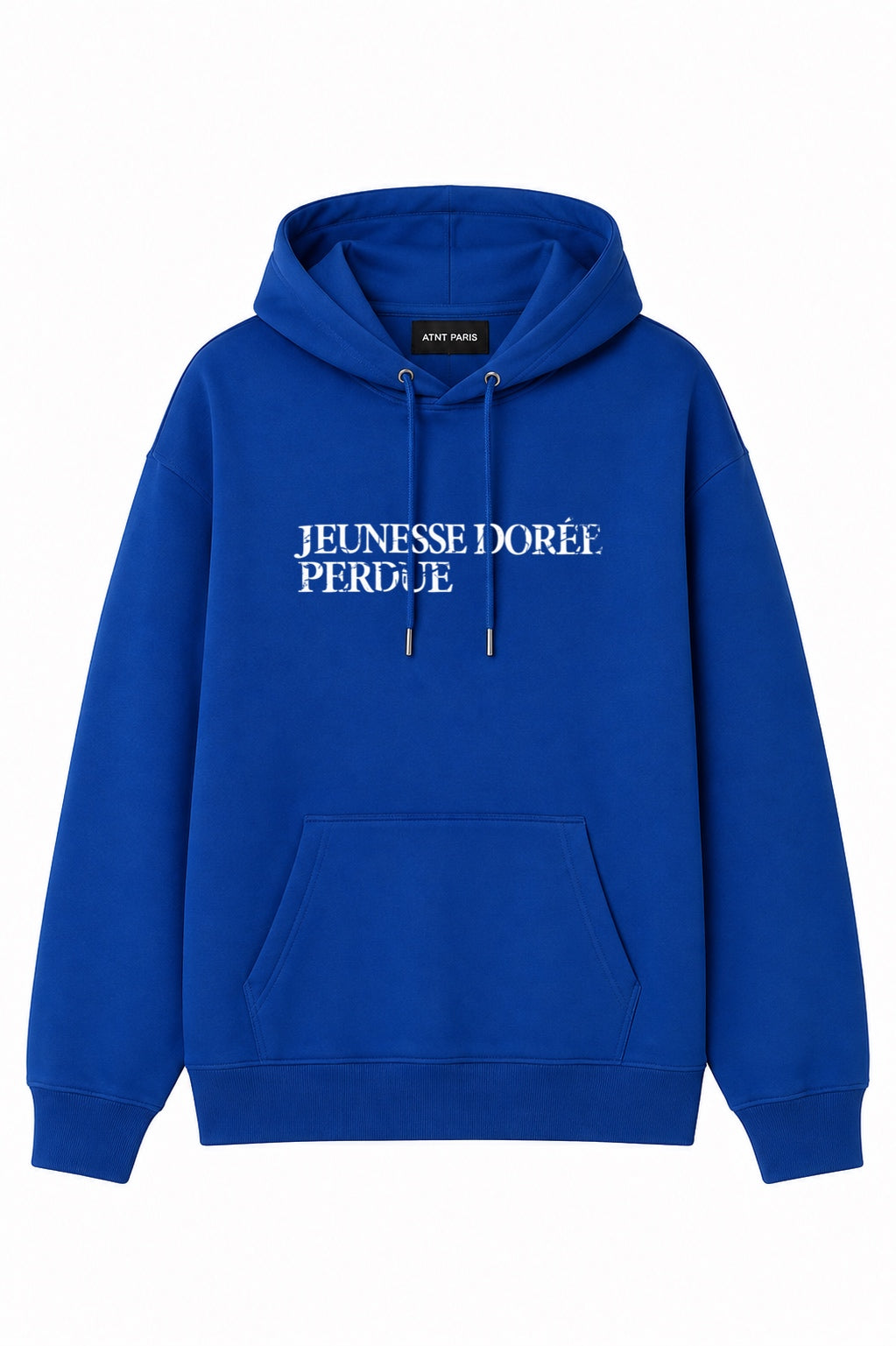 Sweat à capuche bleu roi Jeunesse Dorée Perdue ATNT PARIS, vue de face.