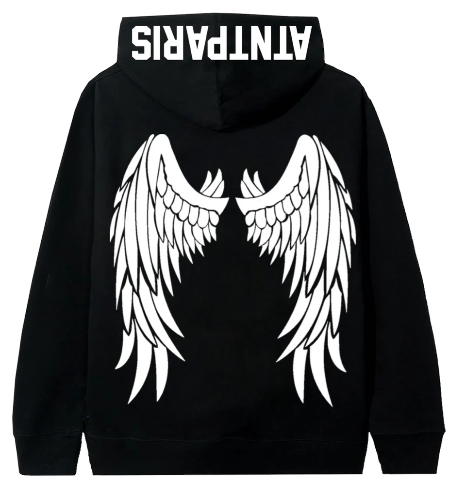 Sweat à capuche noir Dark Angel, exemple de modèle de la mystery box ATNT PARIS, vue de dos.