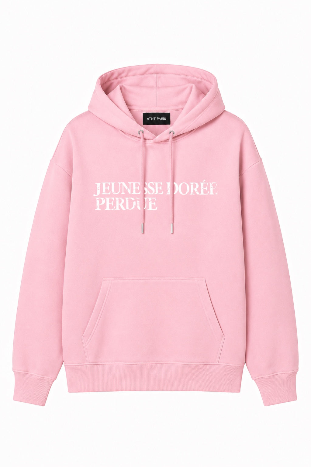 Sweat à capuche rose Jeunesse Dorée Perdue ATNT PARIS, vue de face.