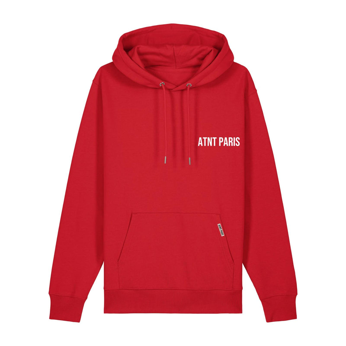 Sweat à capuche rouge essentials ATNT PARIS, vue de face.