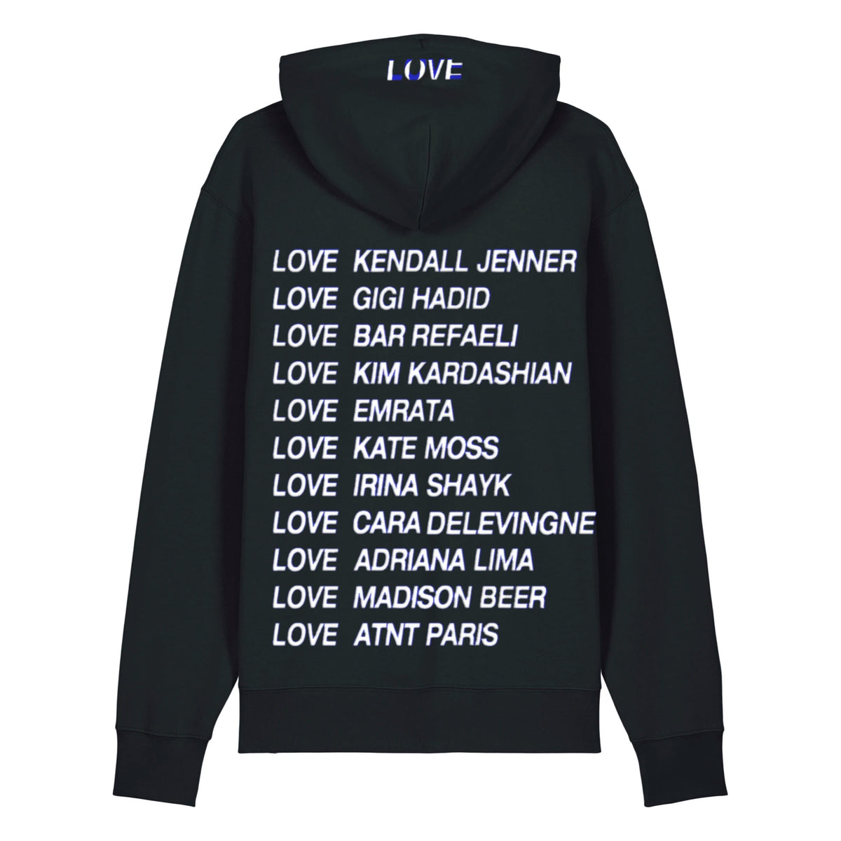 Sweat à capuche unisexe love noir ATNT PARIS, vue de dos.