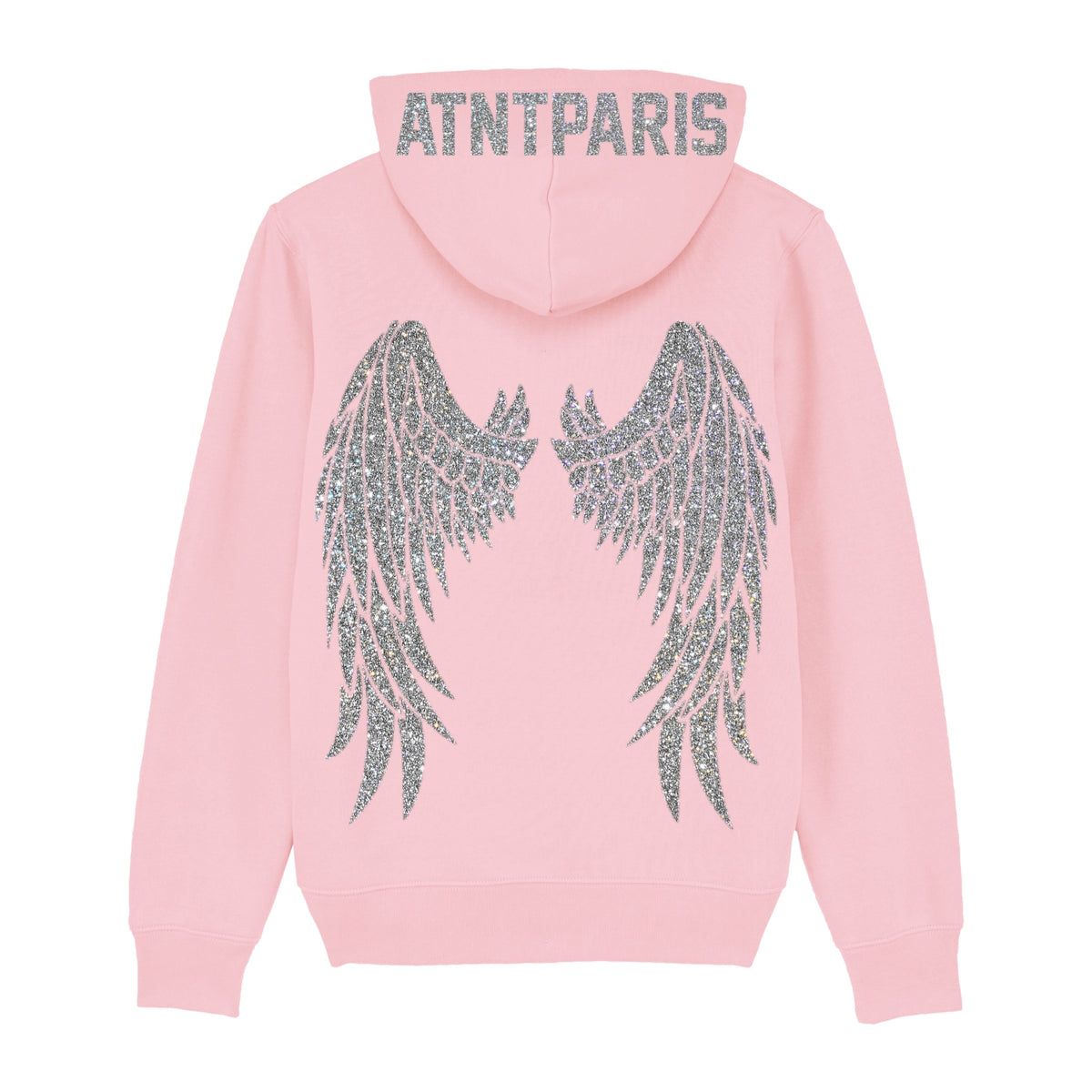 Sweat à capuche rose clair Dark Angel Strass ATNT PARIS, vue de dos, avec ailes en strass.