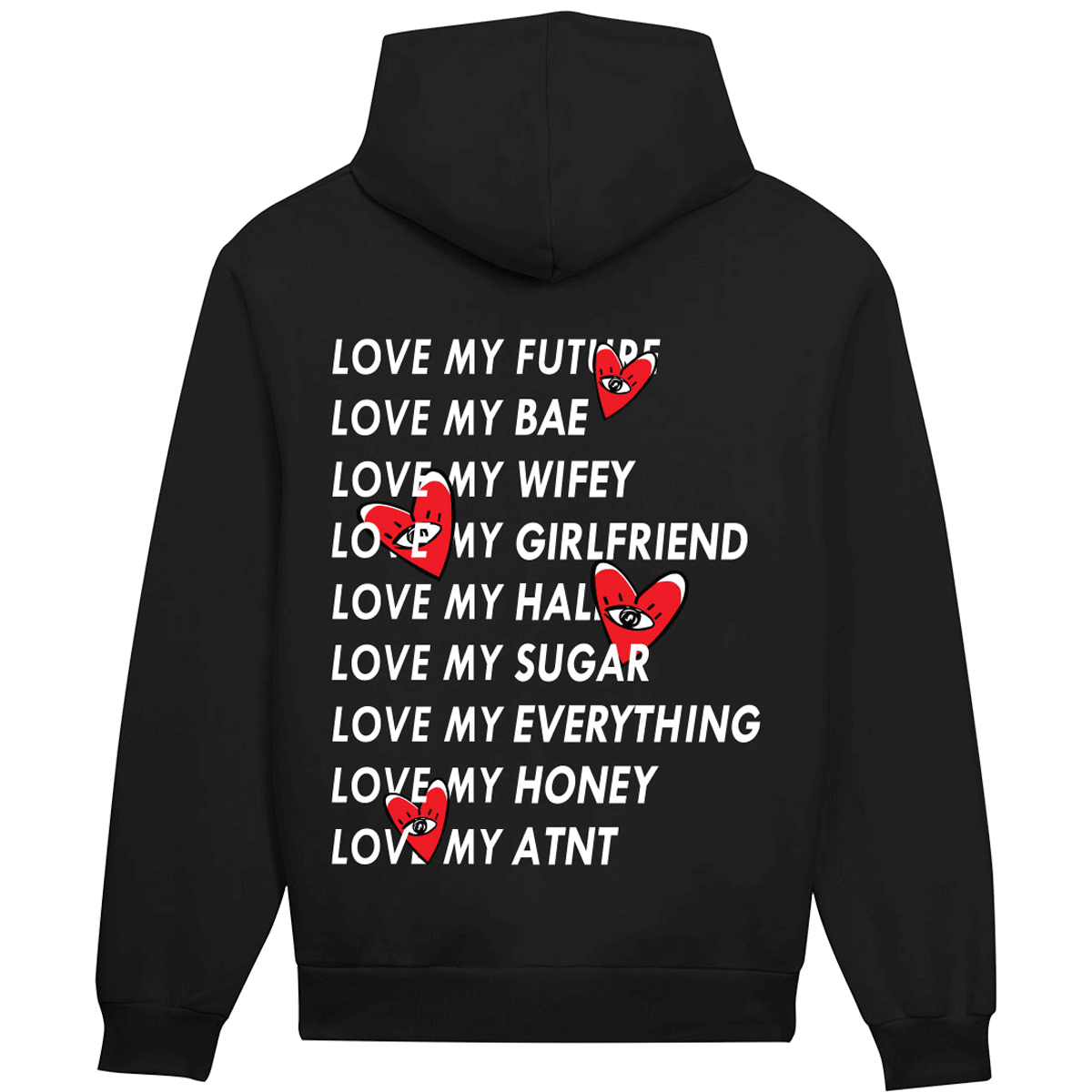Sweat à capuche noir Love Heart ATNT PARIS, vue de dos avec inscriptions et motifs de cœurs.