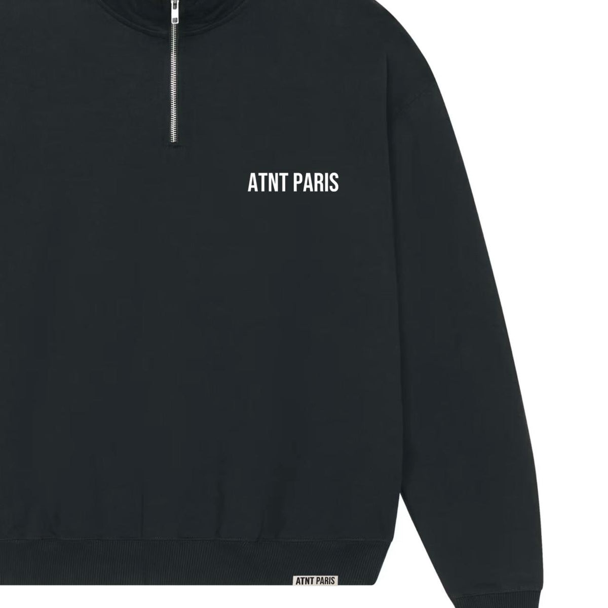 Sweat col trucker noir essentials ATNT PARIS, vue de détail.