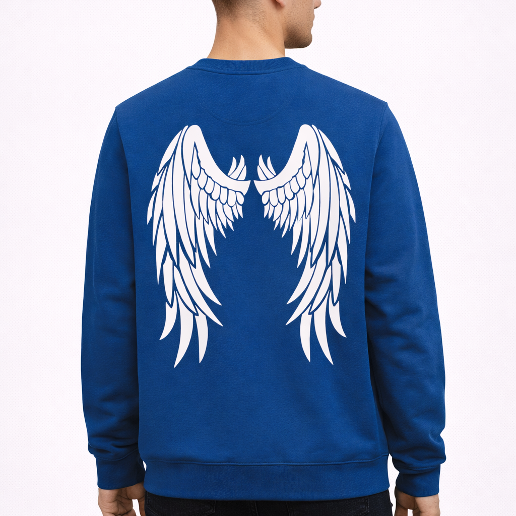 Sweat-shirt unisexe à col rond Dark Angel bleu roi ATNT PARIS, porté, vue de dos.