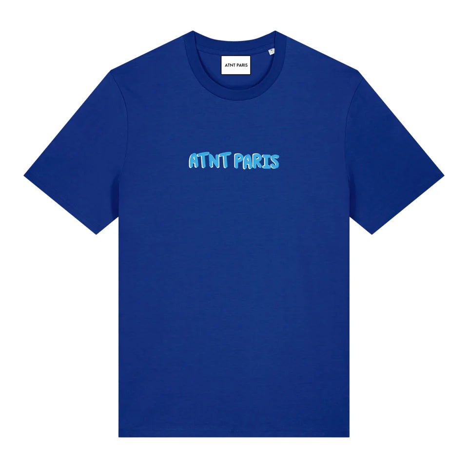 T-shirt bleu Love Is a Feeling ATNT PARIS, vue de face.