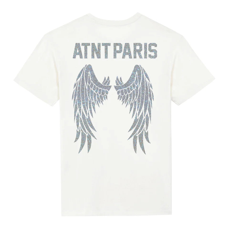 T-shirt unisexe blanc Dark Angel Strass ATNT PARIS, vue de dos, avec ailes en strass.