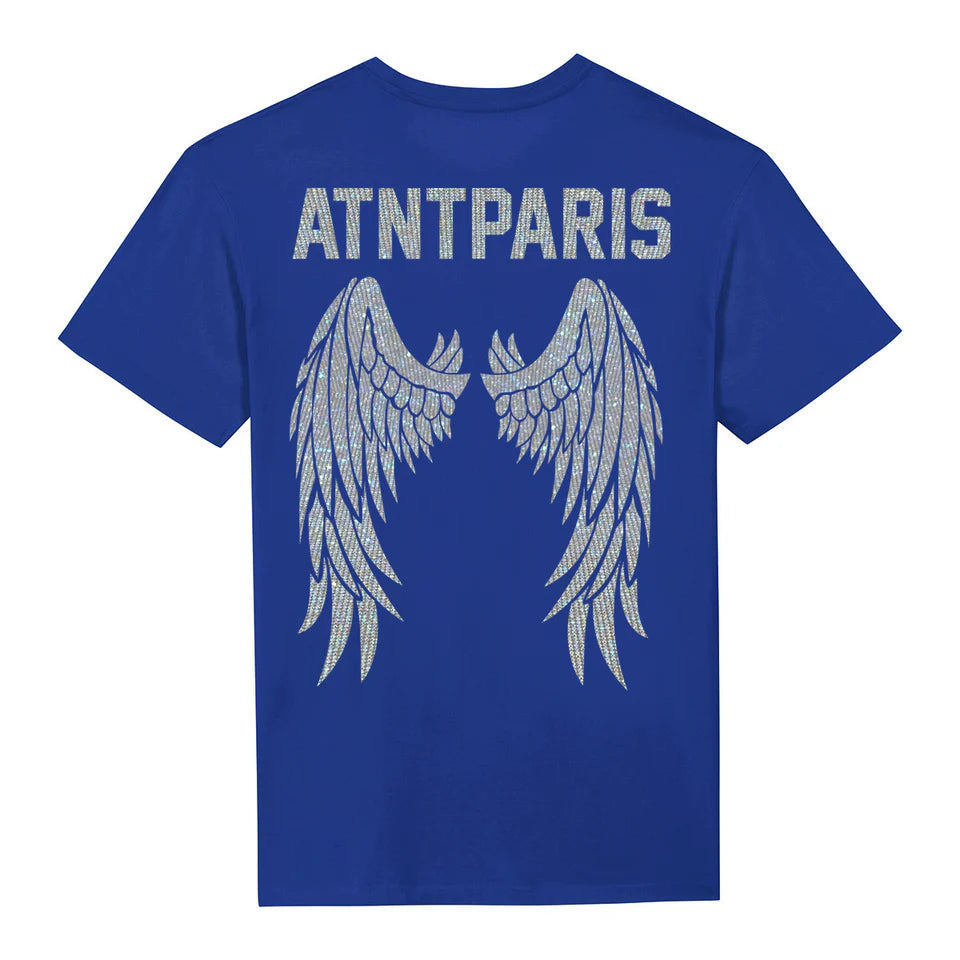 T-shirt unisexe bleu roi Dark Angel Strass ATNT PARIS, vue de dos, avec ailes en strass.