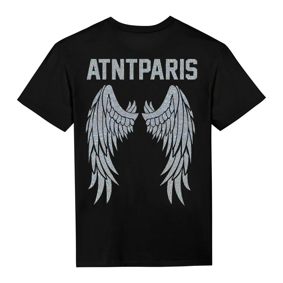 T-shirt unisexe noir Dark Angel Strass ATNT PARIS, vue de dos, avec ailes en strass.