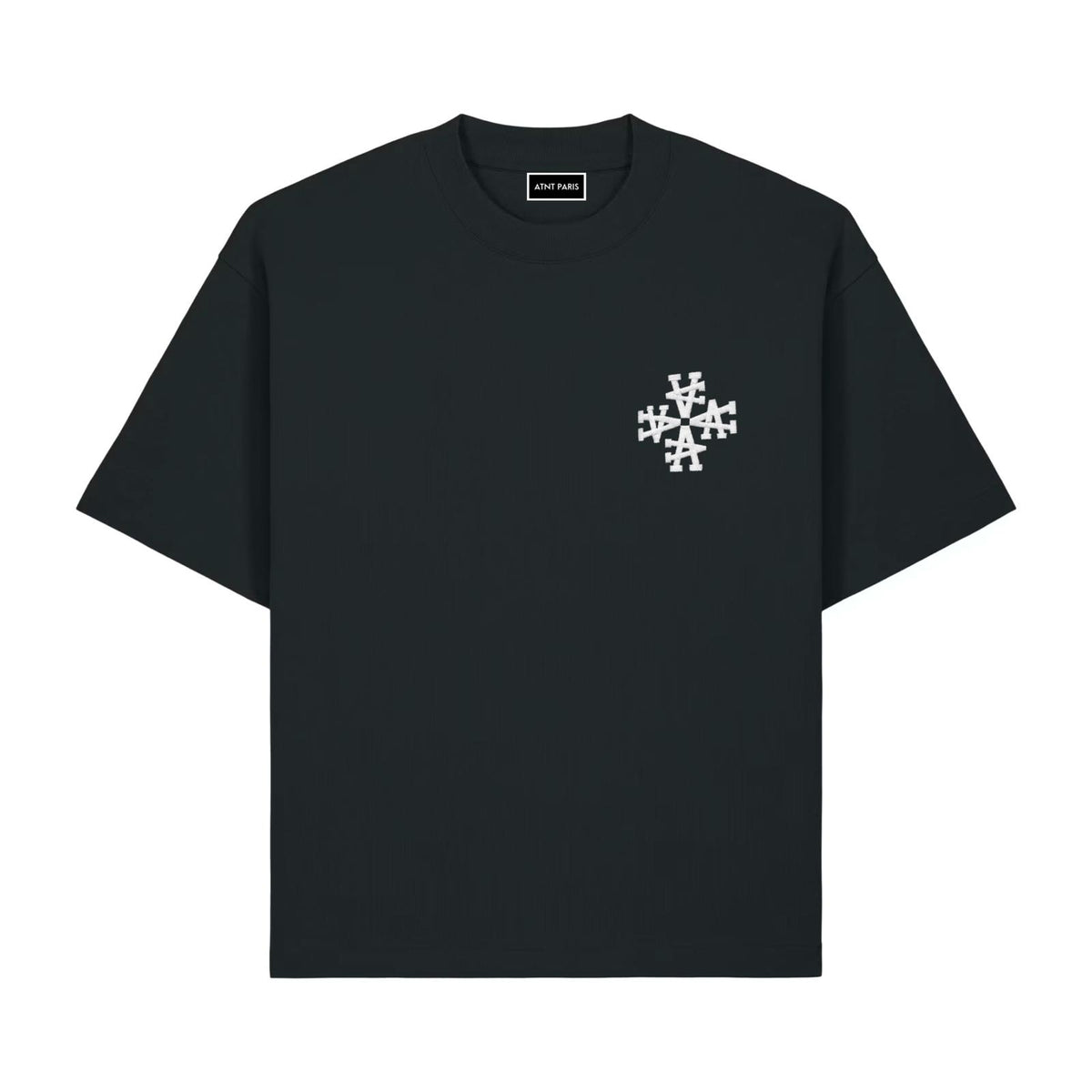 T-shirt noir signature broderie blanche iconique ATNT PARIS, vue de face.