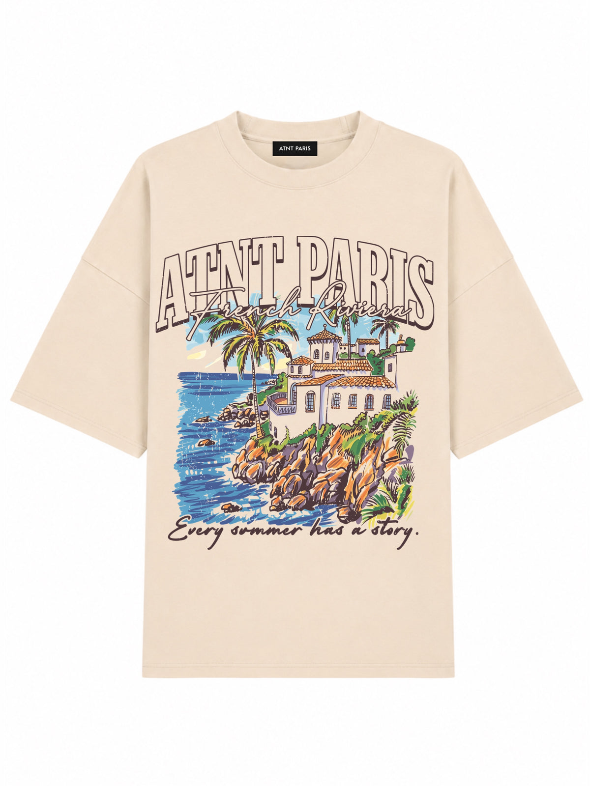 T-shirt oversize ample french riviera beige ATNT PARIS, vue de face.
