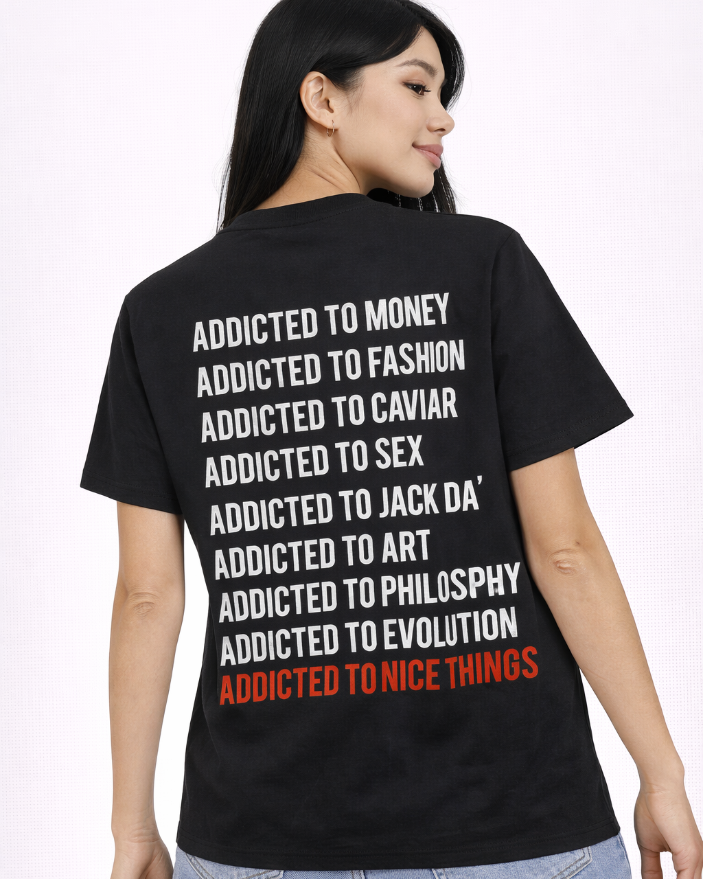 T-shirt unisexe noir addicted ATNT PARIS, porté, vue de dos.