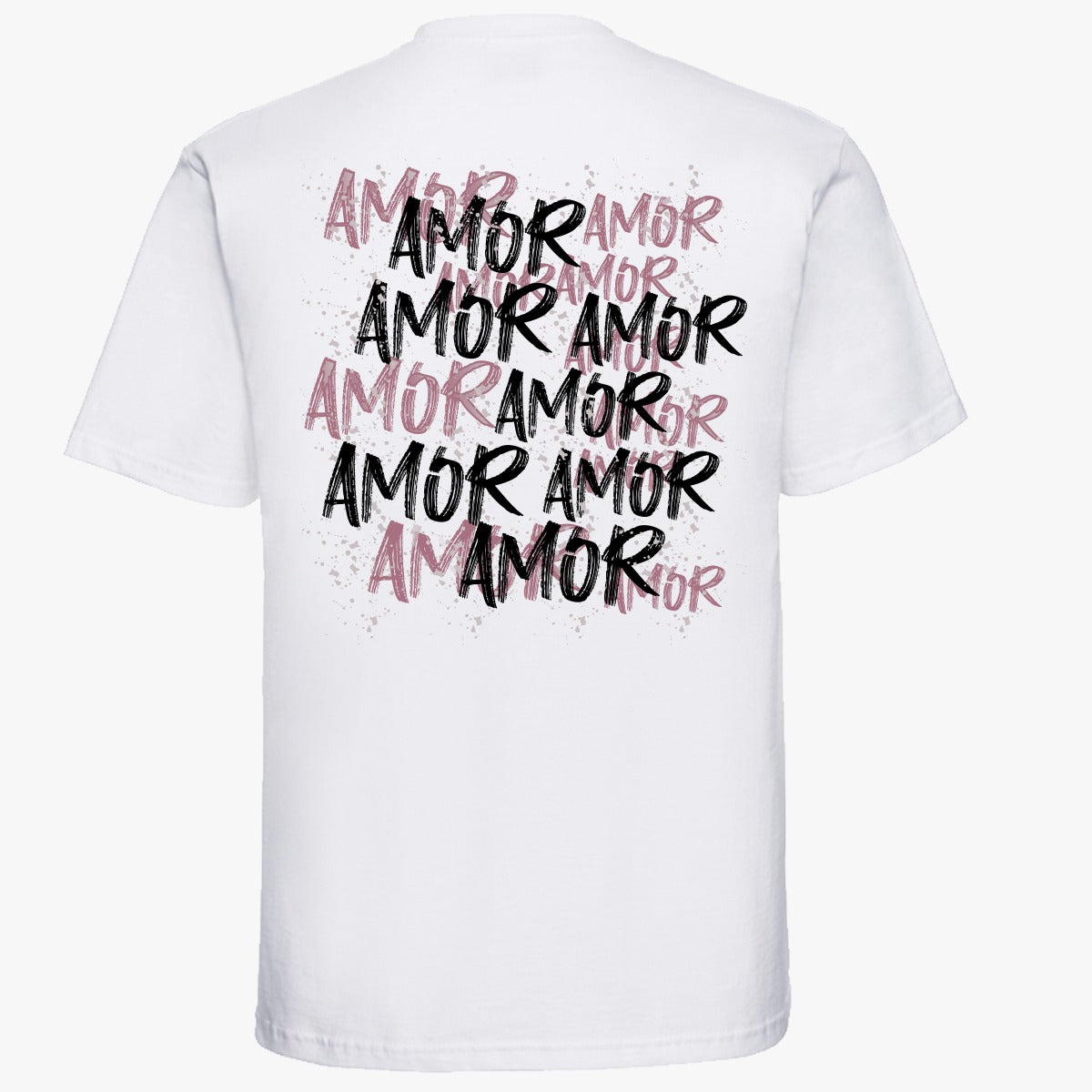 T-shirt blanc unisexe ATNT Paris porté de dos, imprimé typographique “AMOR” en noir et rose, style streetwear premium