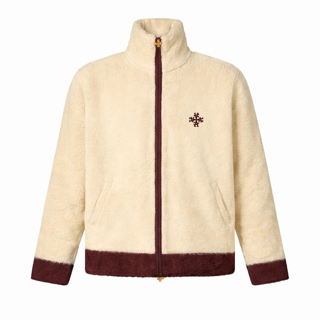 Veste signature sherpa zippée crème & bordeaux ATNT PARIS, vue de face.
