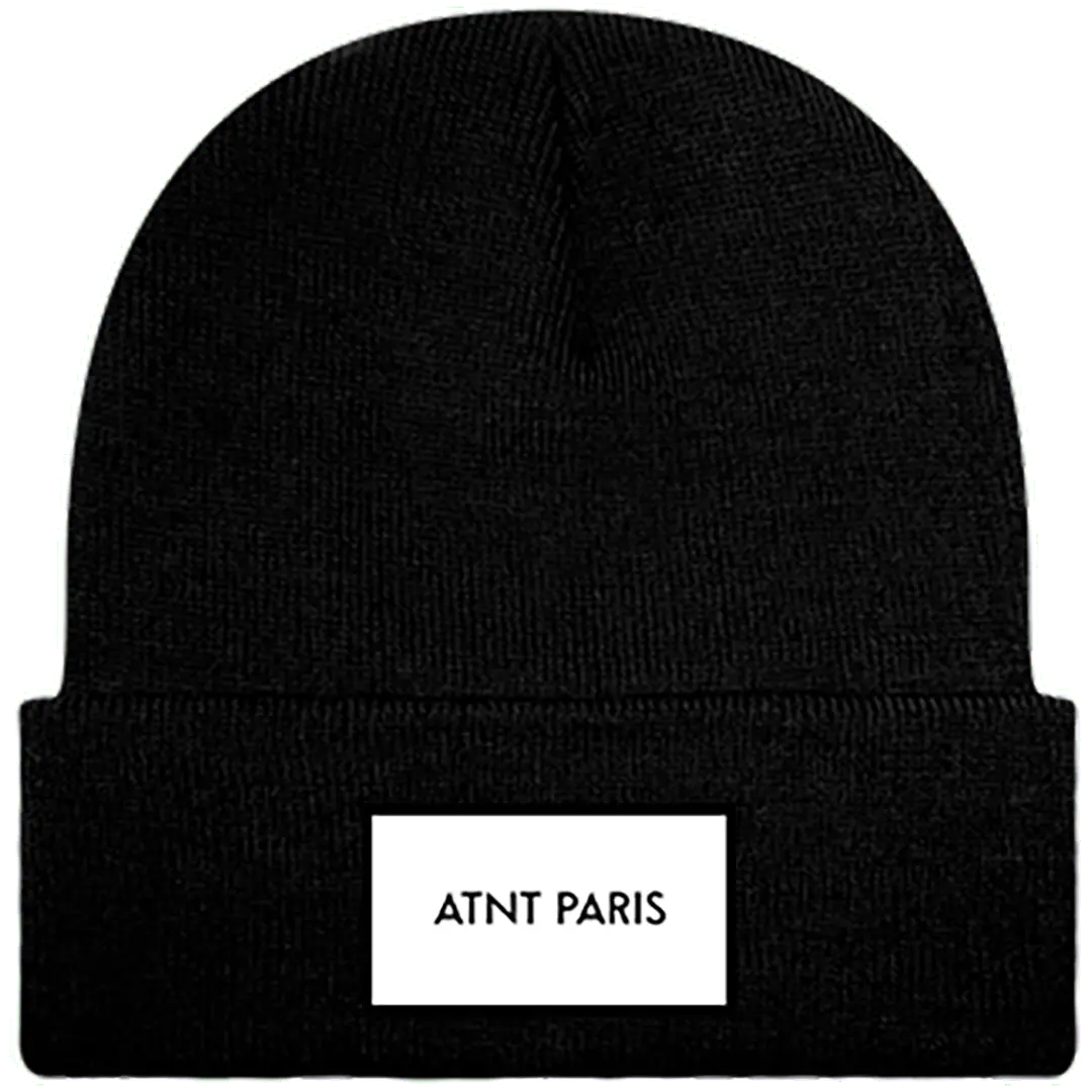 Bonnet noir à revers ATNT PARIS, vue de face.