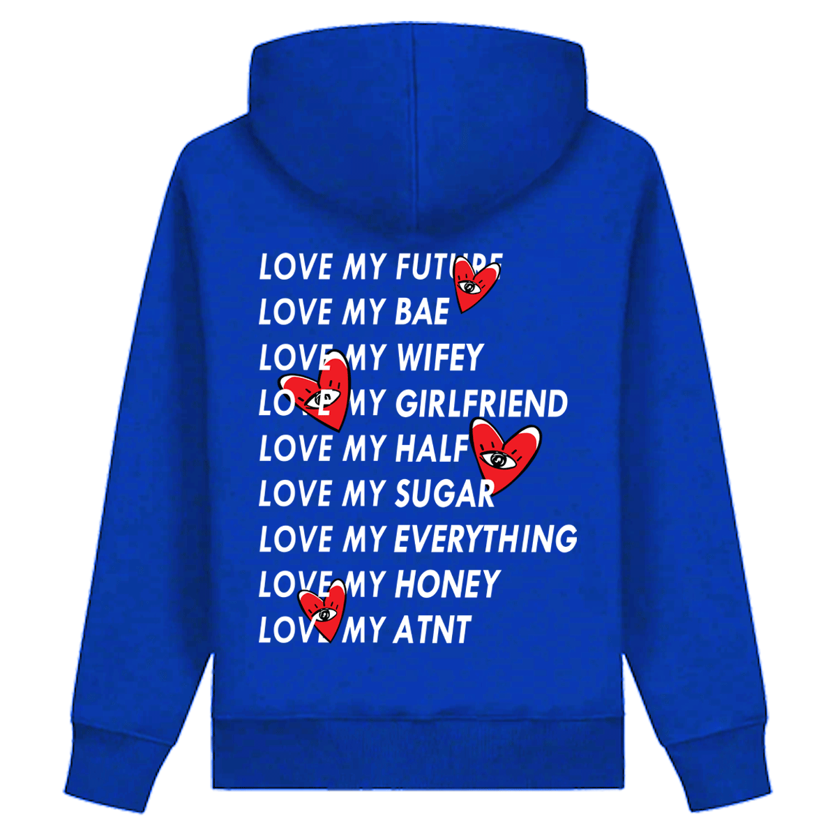 Sweat à capuche bleu roi Love Heart ATNT PARIS, vue de dos avec inscriptions et motifs de cœurs.