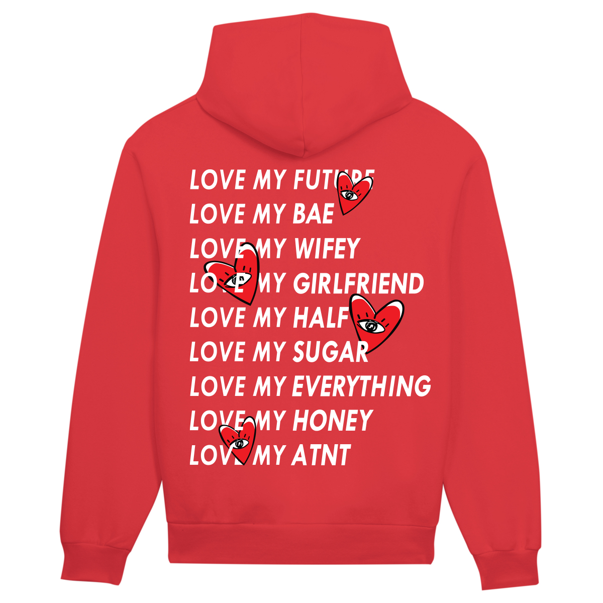 Sweat à capuche rouge Love Heart ATNT PARIS, vue de dos avec inscriptions et motifs de cœurs.